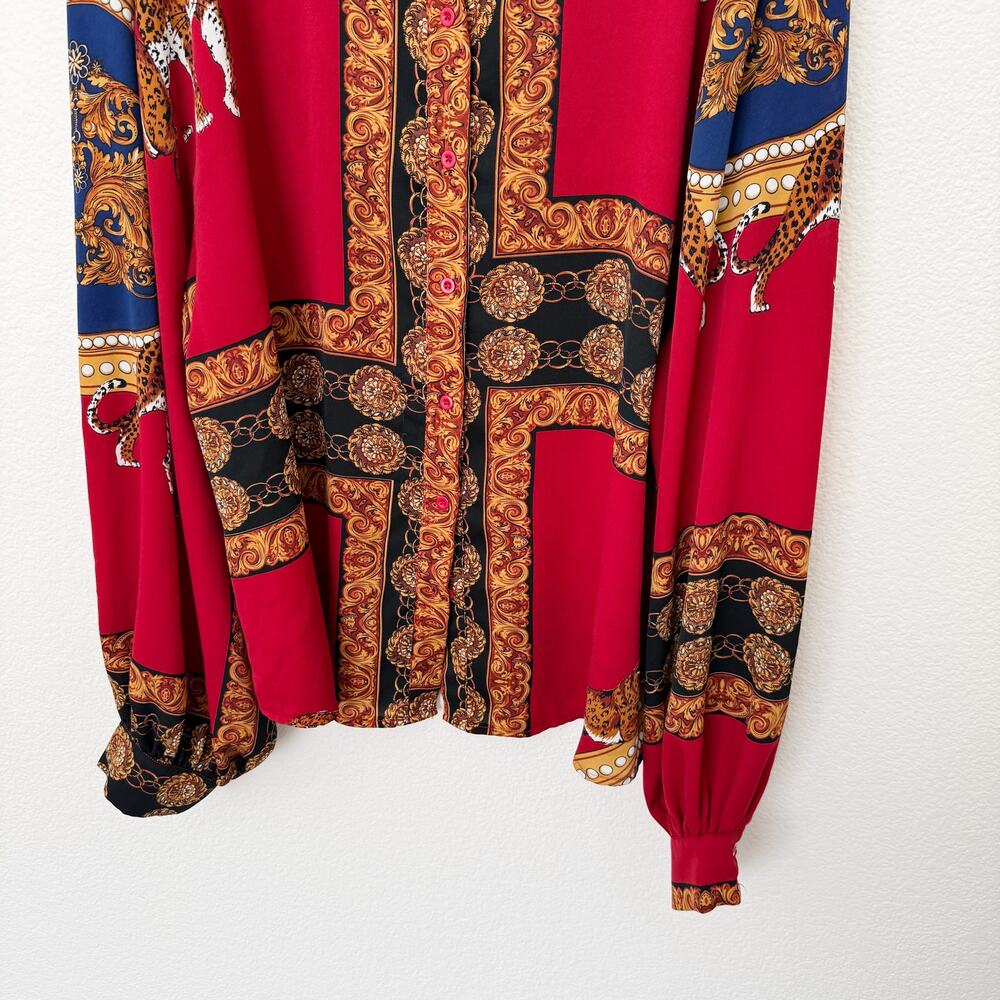 [PrettyLittleThing] Red Baroque Scarf Print Oversized Button Down Shirt Size XL - Picture 7 of 10